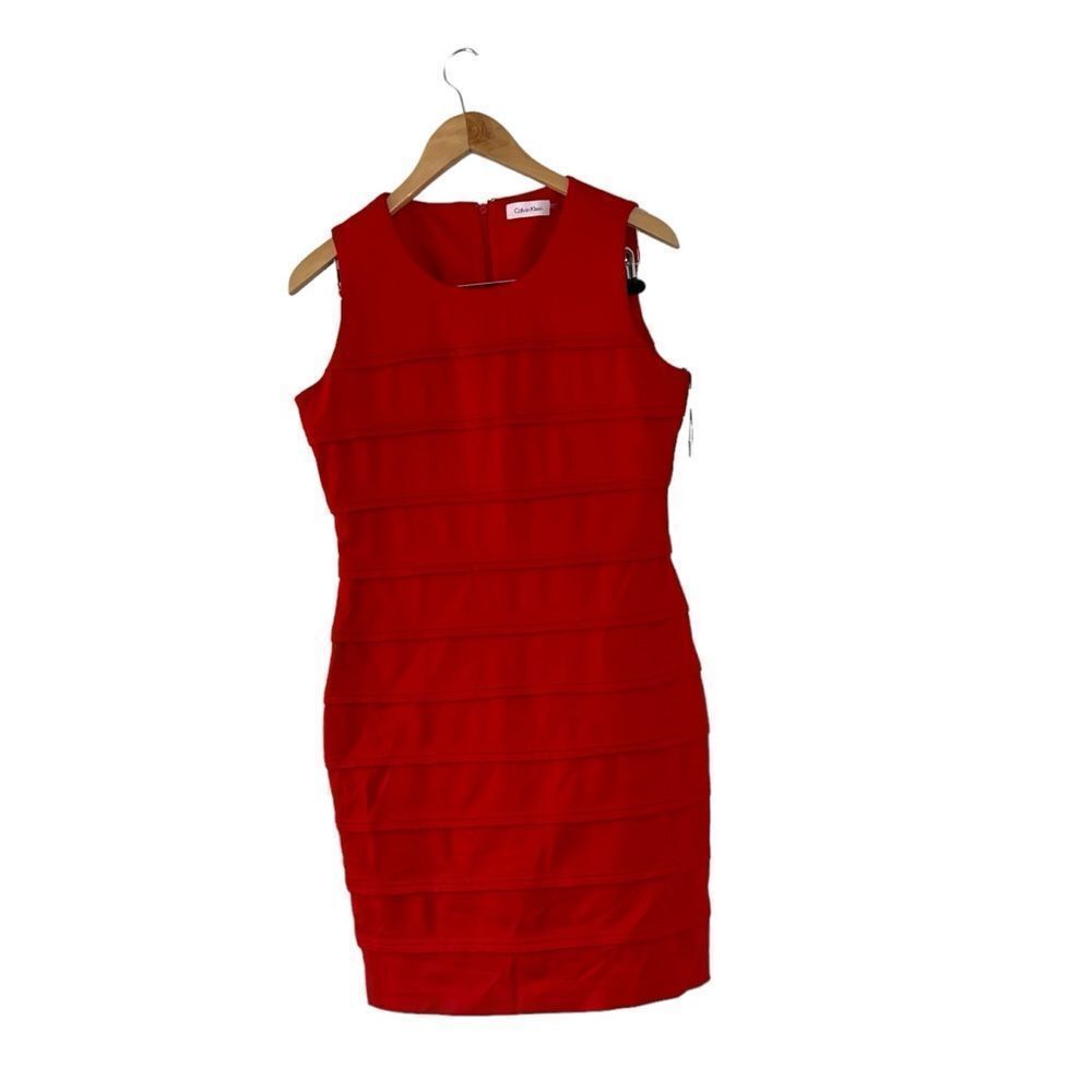 Calvin Klein red sleeveless sheath tiered zip back soft stretchy dress - Picture 3 of 11